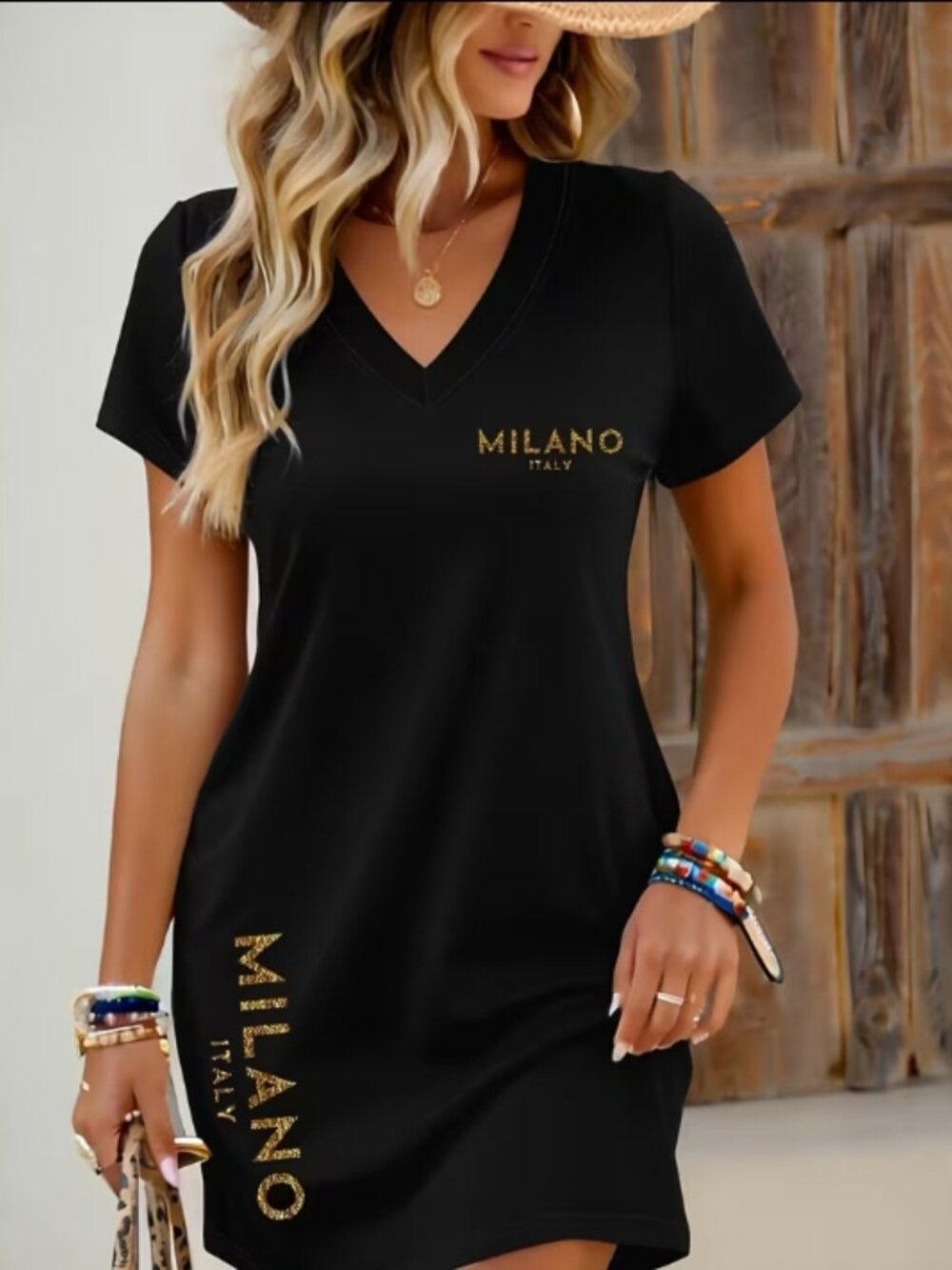 Printed V-Neck Midi T-Shirt Dress, Summer Simple Versatile Casual Dress